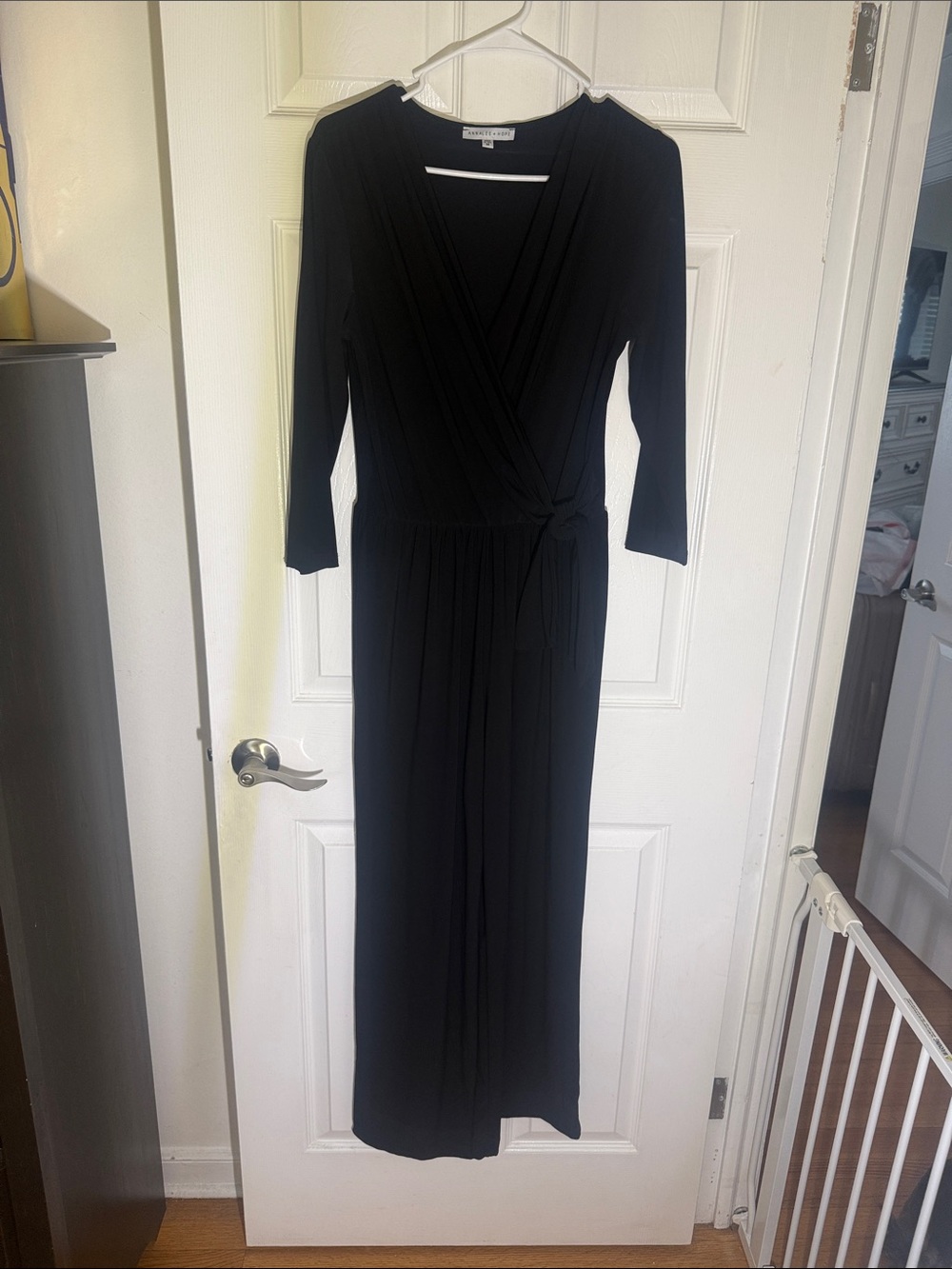 Black Wrap-Front Long Jumpsuit with Self-Tie Waist